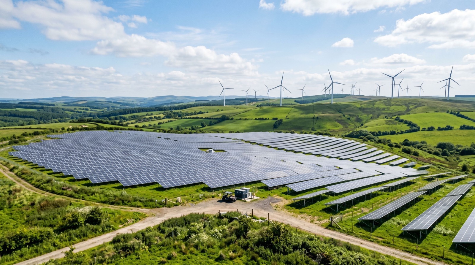 Solar panels with wind turbines in the distance